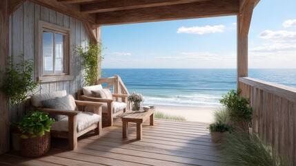 Tranquil ocean view from a beach house balcony.