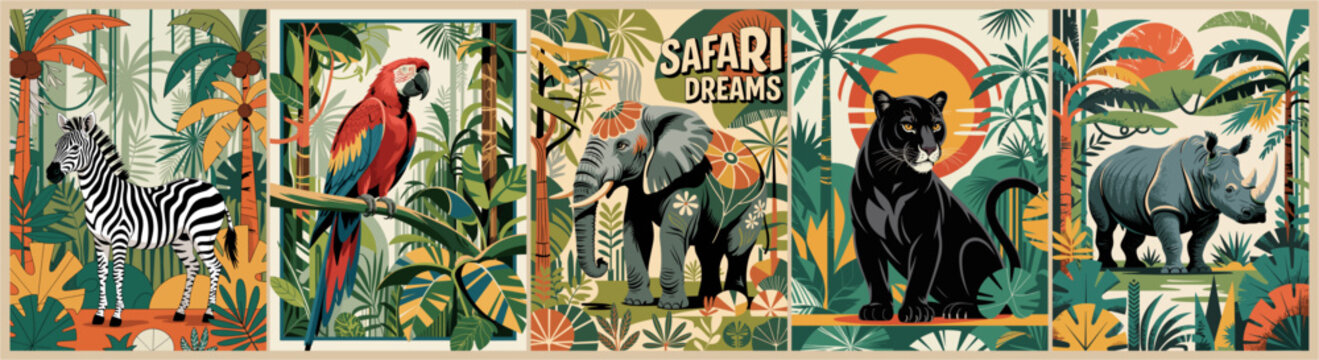 Set of Jungle retro posters with different exotic animals. Trendy vintage style wall art, card, print template in vivid bright colors. Vector flat illustrations