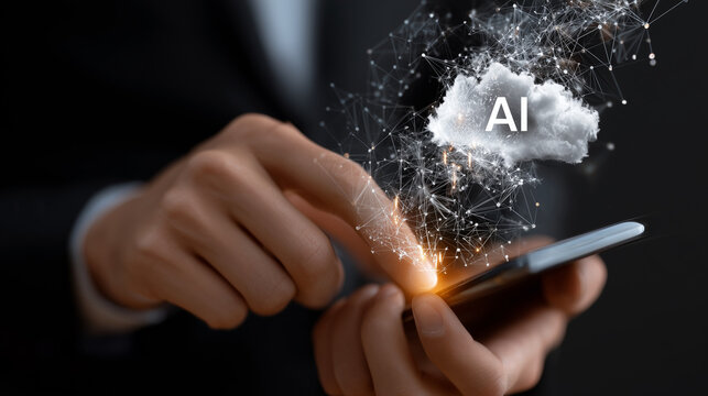 businessman using mobile phone. virtual ''AI'' text and cloud computing backup icon