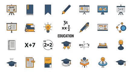 Collection of simple, colorful icons representing various aspects of education.