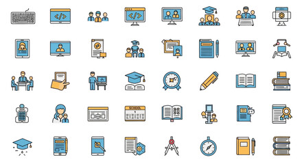 Collection of education and technology themed icons, including online learning, graduation, coding, teamwork, and academic achievement symbols.