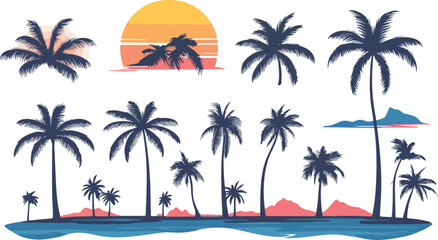 Obraz premium Tropical Palm Trees Silhouette with Sunset and Ocean Vector Illustration