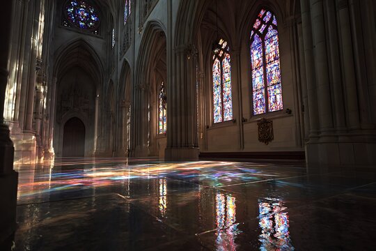 Colorful stained glass reflections on a cathedral floor.
