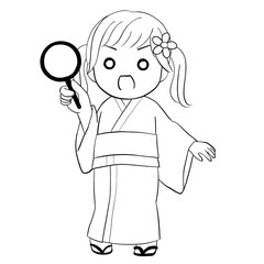 Surprised Yukata Girl with Goldfish Scoop – Line Art (PNG)