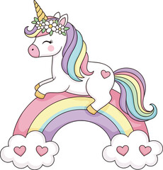 Cute unicorn on rainbow vector illustration for kids design and magical fantasy theme celebration party