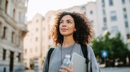 Outdoor shot of pensive cheerful young woman looks around while walking in city carries digital tablet and bottle of fresh water returns from studying uses modern technologies feels very happy, no lo