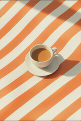 Coffee cup on striped tablecloth with warm sunlight highlighting morning cafe ambiance
