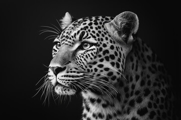 Obraz premium Leopard Front-Facing Close-Up in Dramatic Black and White with Intense Symmetrical Gaze