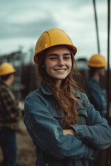 Construction site worker smiling with a yellow hard hat while colleagues engage in work at a site in overcast weather