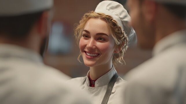 Smiling blonde female chef talking to her colleagues