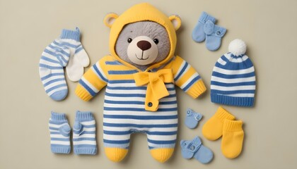 The adorable teddy bear is dressed in cute blue and yellow striped baby clothes.