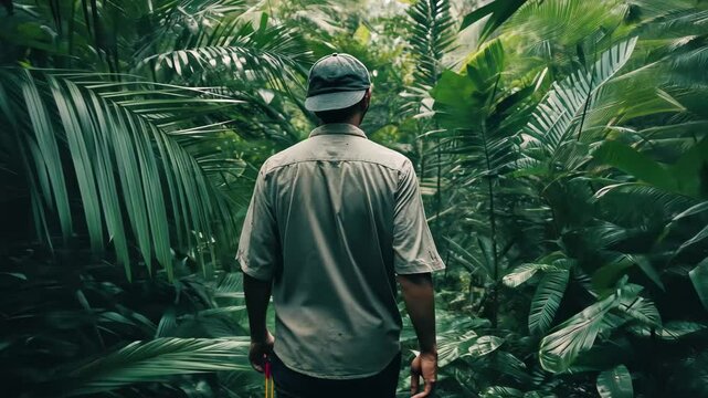 Scared man holding toy bow walks through dense jungle surrounded by lush greenery, Scared man with toy bow walking in jungle medium shot