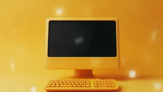 Yellow desktop computer keyboard monitor on yellow background reflecting light