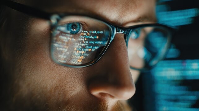 Focused developer coder wears glasses working on computer looking at programming code data cyber security digital tech reflecting in spectacles developing software program, focus on eye close up view - Powered by Adobe
