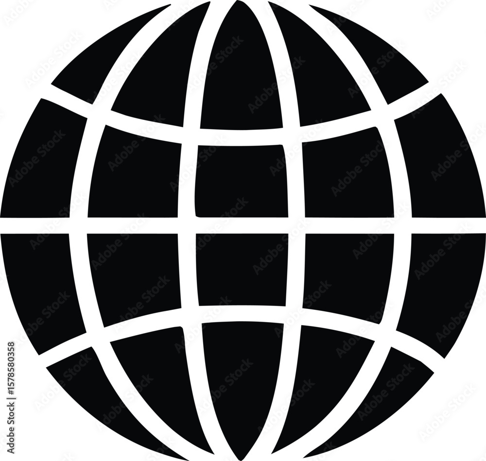Poster a stylized black and white graphic representation of a globe with intersecting white lines creating 