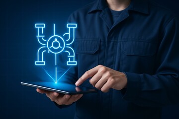 Engineer Using Digital Tablet with Futuristic Holographic Interface for Technology Design