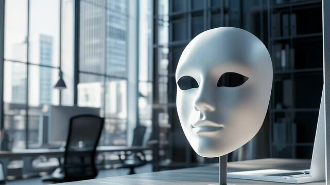 White mask sitting on desk in modern office setting symbolizing hidden identity
