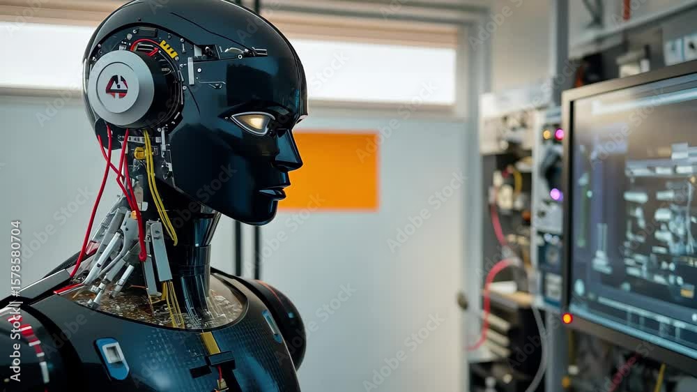 Poster humanoid robot interacts with screen displaying complex data and programming information in a modern