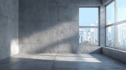 Obraz premium Modern concrete interior with empty copyspace, shadows, sunlight and window with city view. Mock up, 3D Rendering , no logos, no brands