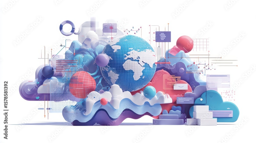 Poster global communication abstract concept vector illustration set. cloud management, cross-platform soft