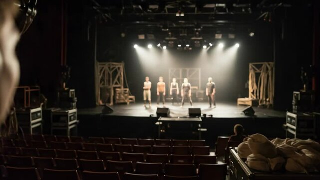 A female stage manager with headphones watches actors rehearse on a brightly lit theater stage. Behind the scenes view of a play production.