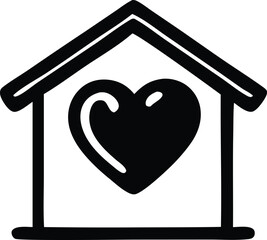 Simple black silhouette of a house with a large heart inside representing love and home