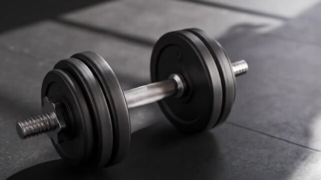 Dumbbell on a gray floor with light streaming in
