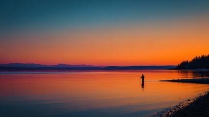 Obraz premium Fly Fishing In Puget Sound At Sunset On A Winter Evening, no logos, no brands