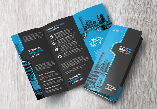 Corporate brochure design template &ndash; Professional modern tri-fold leaflet with geometric layout and business theme in Blue and Black.