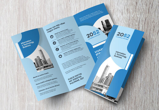 Corporate brochure design template &ndash; Professional modern tri-fold leaflet with geometric layout and business theme in Blue.
