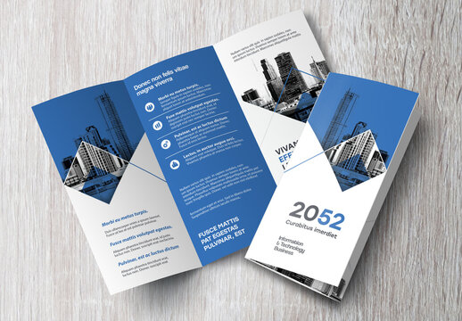 Corporate brochure design template &ndash; Professional modern tri-fold leaflet with geometric layout and business theme in Blue and White.