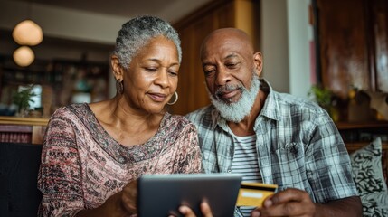 Black wife doing shopping online while using digital tablet at home with husband. Couple using bank card to pay bills or to book their next vacation. Mature couple making an online purchase., no logo