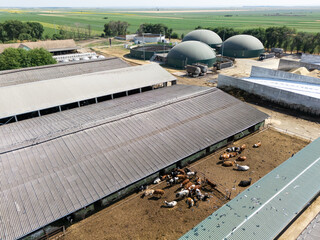 Aerial view of biogas plant for biomethane production