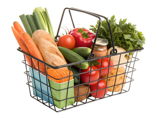 A wire shopping basket, filled to the brim with fresh produce, sits against a stark white background. The basket is black with a rectangular base and a single, curved handle arching over the top.