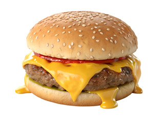 A mouthwatering cheeseburger dominates the frame, presented against a stark white background. The burger features a perfectly round, golden-brown sesame seed bun.