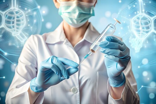 Doctor Holding Syringe with Vaccine Futuristic Medical Technology and Research Concept