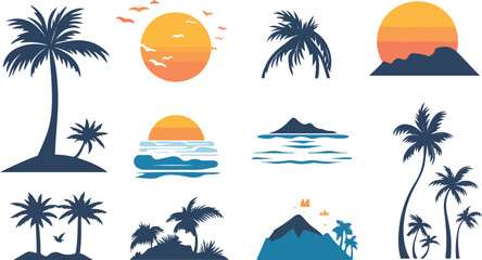 Obraz premium Collection of tropical island and beach landscape vector icons and logo