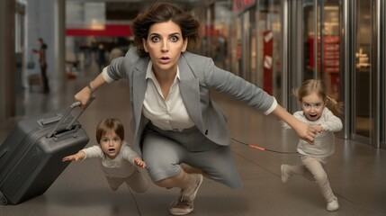 Stressed businesswoman running through airport with children and luggage