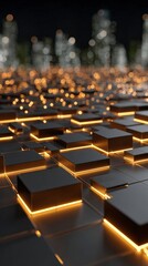Obraz premium Abstract geometric pattern of dark cubes with illuminated orange edges blurred cityscape bokeh background