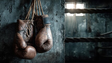 Echoes of the Ring: Old, weathered boxing gloves hang suspended against a distressed wall, bathed in a dramatic interplay of light and shadow from a distant window, beside a boxing ring.