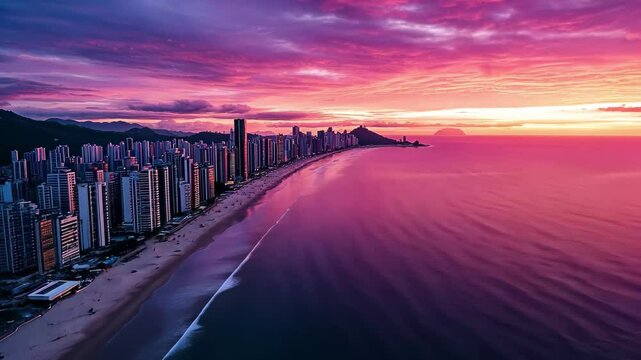 Stunning sunset over Balneario Camboriu with skyline and coastline views in Santa Catarina, Brazil, Aerial of Balne&Atilde;&iexcl;rio Cambori&Atilde;&ordm;, Santa Catarina, Brazil at sunset
