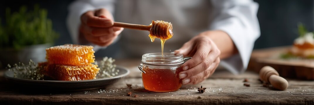 Beekeeper pouring honey into jar with honeycomb on rustic table - Powered by Adobe