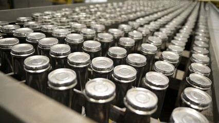 Industrial aesthetic: rows of identical silver metal bottle caps mockup glide along a modern factory conveyor belt. Metallic textures highlight precision and manufacturing. Beverage packaging template