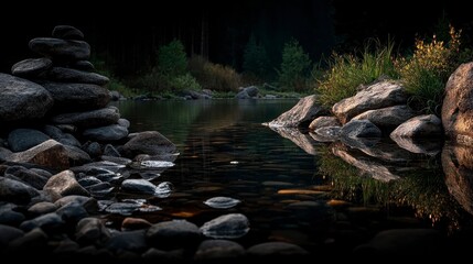 Stacked river stones beside dark water and lush green grass in a tranquil forest setting