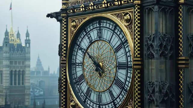 Close up view of Big Ben's clock face showcasing intricate design and historical architecture near Parliament, Close up of the famous Big Ben's clock