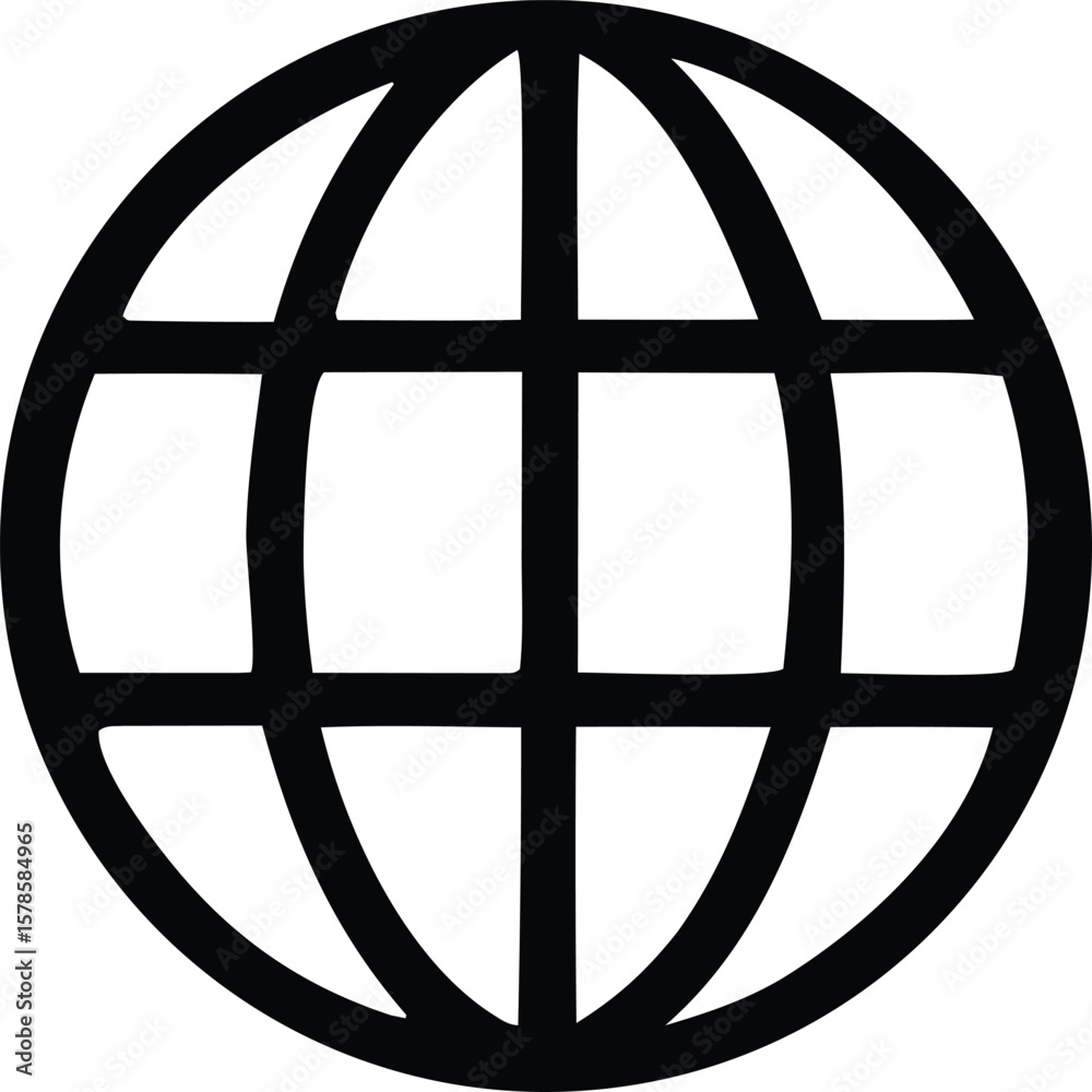 Poster a simple black and white graphic representation of a globe with intersecting lines creating a grid p