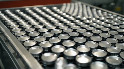Obraz premium Industrial aesthetic: rows of identical silver metal bottle caps mockup glide along a modern factory conveyor belt. Metallic textures highlight precision and manufacturing. Beverage packaging template