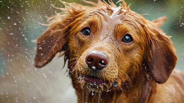 Wet dogs joyfully playing and shaking off water in slow motion at a park, Slow Motion: Wet toller dogs playing and shaking fur dry HDR 10bit
