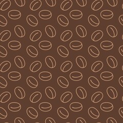 Coffee bean outline pattern in light brown on dark brown background. Simple and cozy design perfect for cafe branding, packaging, textile, and coffee-themed projects.