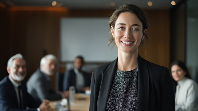 A confident female executive stands at the front of a boardroom, delivering a captivating business presentation to a group of engaged executives.
